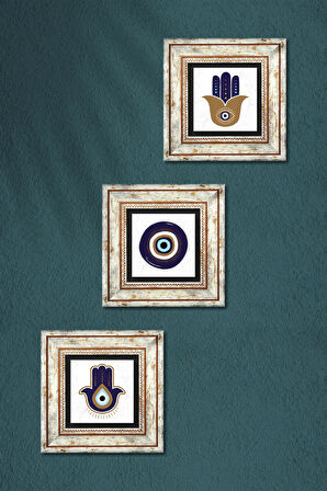 Fatma Ana Eli (Hamsa), Nazar Taş Duvar Tablosu Çerçeveli Duvar Dekoru 3 Parça Tablo Seti Wall Art