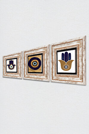 Nazar, Fatma Ana Eli (Hamsa) Taş Duvar Tablosu Çerçeveli Duvar Dekoru 3 Parça Tablo Seti Wall Art