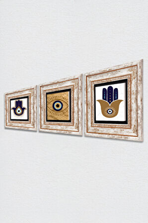 Nazar, Fatma Ana Eli (Hamsa) Taş Duvar Tablosu Çerçeveli Duvar Dekoru 3 Parça Tablo Seti Wall Art