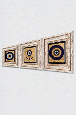 Nazar Taş Duvar Tablosu Çerçeveli Duvar Dekoru 3 Parça Tablo Seti Wall Art