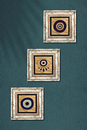 Nazar Taş Duvar Tablosu Çerçeveli Duvar Dekoru 3 Parça Tablo Seti Wall Art
