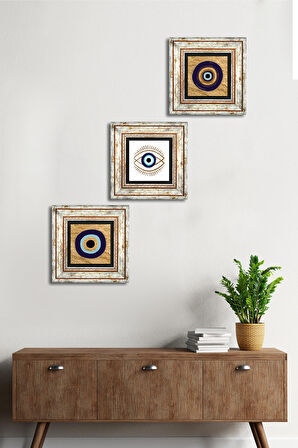 Nazar Taş Duvar Tablosu Çerçeveli Duvar Dekoru 3 Parça Tablo Seti Wall Art