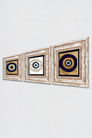 Nazar Taş Duvar Tablosu Çerçeveli Duvar Dekoru 3 Parça Tablo Seti Wall Art