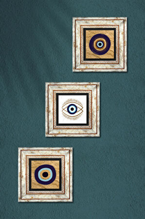 Nazar Taş Duvar Tablosu Çerçeveli Duvar Dekoru 3 Parça Tablo Seti Wall Art