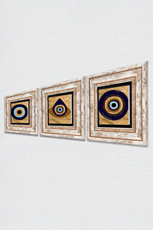 Nazar Taş Duvar Tablosu Çerçeveli Duvar Dekoru 3 Parça Tablo Seti Wall Art