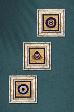 Nazar Taş Duvar Tablosu Çerçeveli Duvar Dekoru 3 Parça Tablo Seti Wall Art