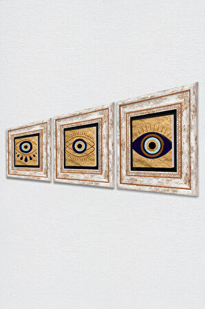 Nazar Taş Duvar Tablosu Çerçeveli Duvar Dekoru 3 Parça Tablo Seti Wall Art