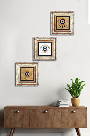 Nazar Taş Duvar Tablosu Çerçeveli Duvar Dekoru 3 Parça Tablo Seti Wall Art