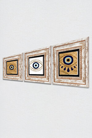 Nazar Taş Duvar Tablosu Çerçeveli Duvar Dekoru 3 Parça Tablo Seti Wall Art