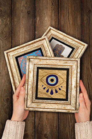 Nazar Taş Duvar Tablosu Çerçeveli Duvar Dekoru 3 Parça Tablo Seti Wall Art