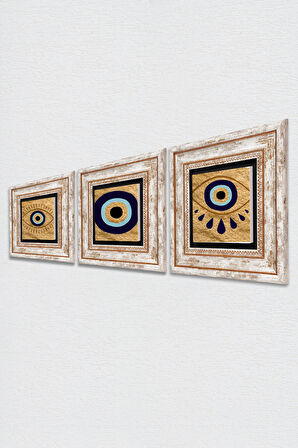 Nazar Taş Duvar Tablosu Çerçeveli Duvar Dekoru 3 Parça Tablo Seti Wall Art