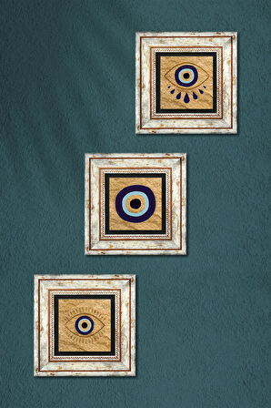 Nazar Taş Duvar Tablosu Çerçeveli Duvar Dekoru 3 Parça Tablo Seti Wall Art