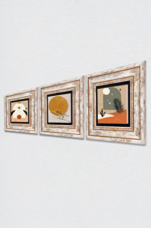 Bohem, Minimalist Taş Duvar Tablosu Çerçeveli Duvar Dekoru 3 Parça Tablo Seti Wall Art