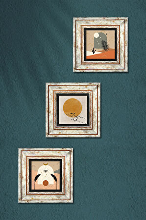 Bohem, Minimalist Taş Duvar Tablosu Çerçeveli Duvar Dekoru 3 Parça Tablo Seti Wall Art