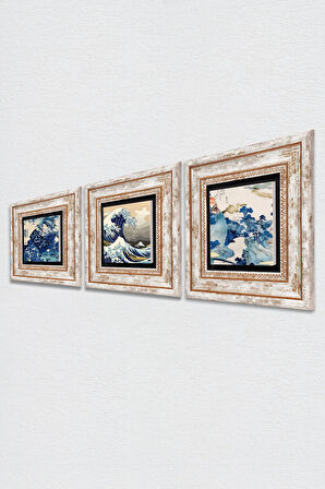 Japon Sanatı, Fuji Dağı, Büyük Dalga Taş Duvar Tablosu Çerçeveli Duvar Dekoru 3 Parça Tablo Seti Wall Art