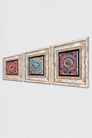 Mandala Taş Duvar Tablosu Çerçeveli Duvar Dekoru 3 Parça Tablo Seti Wall Art