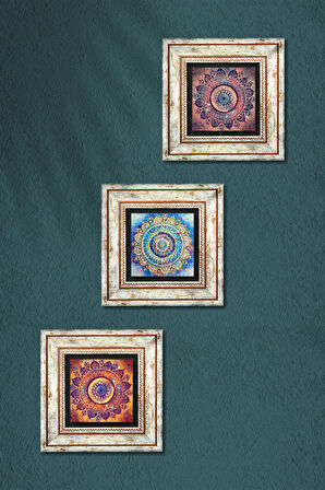 Mandala Taş Duvar Tablosu Çerçeveli Duvar Dekoru 3 Parça Tablo Seti Wall Art