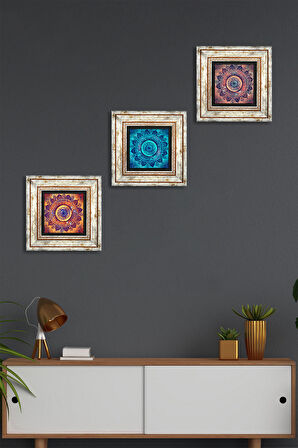 Mandala Taş Duvar Tablosu Çerçeveli Duvar Dekoru 3 Parça Tablo Seti Wall Art