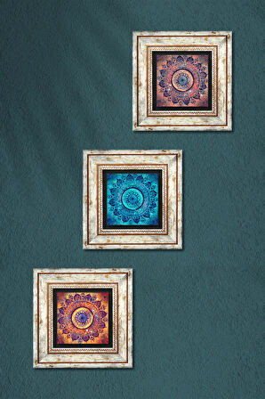Mandala Taş Duvar Tablosu Çerçeveli Duvar Dekoru 3 Parça Tablo Seti Wall Art