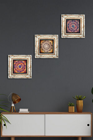 Mandala Taş Duvar Tablosu Çerçeveli Duvar Dekoru 3 Parça Tablo Seti Wall Art