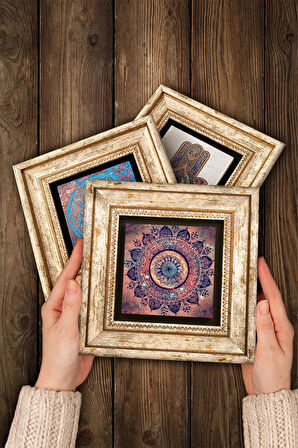 Mandala Taş Duvar Tablosu Çerçeveli Duvar Dekoru 3 Parça Tablo Seti Wall Art