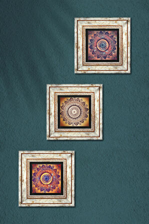Mandala Taş Duvar Tablosu Çerçeveli Duvar Dekoru 3 Parça Tablo Seti Wall Art
