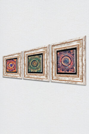 Mandala Taş Duvar Tablosu Çerçeveli Duvar Dekoru 3 Parça Tablo Seti Wall Art