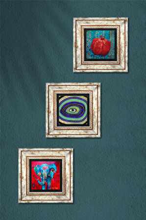 Fil, Nazar, Nar Taş Duvar Tablosu Çerçeveli Duvar Dekoru 3 Parça Tablo Seti Wall Art