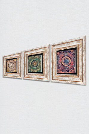 Mandala Taş Duvar Tablosu Çerçeveli Duvar Dekoru 3 Parça Tablo Seti Wall Art