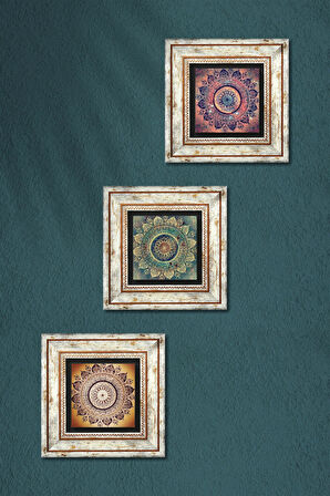 Mandala Taş Duvar Tablosu Çerçeveli Duvar Dekoru 3 Parça Tablo Seti Wall Art