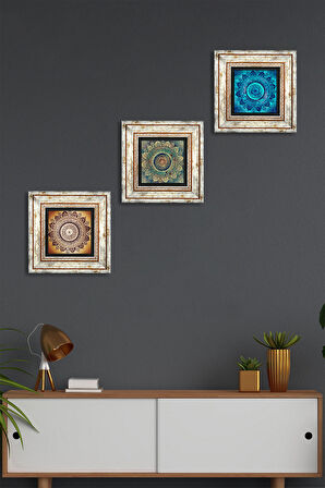 Mandala Taş Duvar Tablosu Çerçeveli Duvar Dekoru 3 Parça Tablo Seti Wall Art