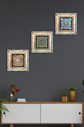 Mandala Taş Duvar Tablosu Çerçeveli Duvar Dekoru 3 Parça Tablo Seti Wall Art