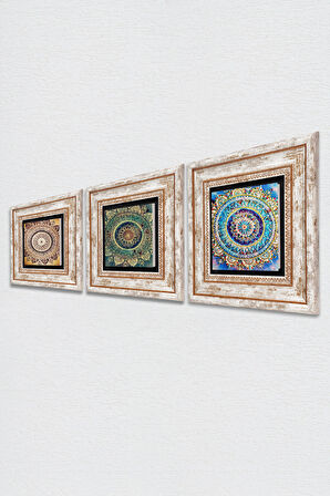 Mandala Taş Duvar Tablosu Çerçeveli Duvar Dekoru 3 Parça Tablo Seti Wall Art
