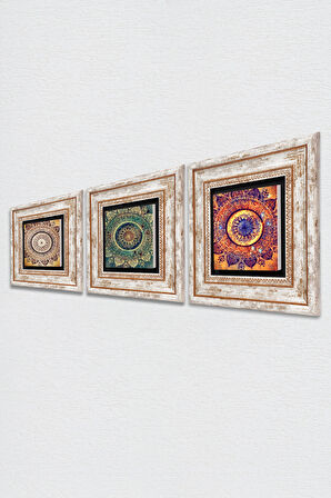 Mandala Taş Duvar Tablosu Çerçeveli Duvar Dekoru 3 Parça Tablo Seti Wall Art