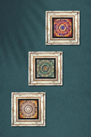 Mandala Taş Duvar Tablosu Çerçeveli Duvar Dekoru 3 Parça Tablo Seti Wall Art