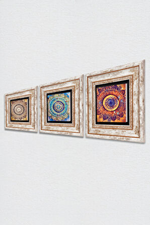 Mandala Taş Duvar Tablosu Çerçeveli Duvar Dekoru 3 Parça Tablo Seti Wall Art