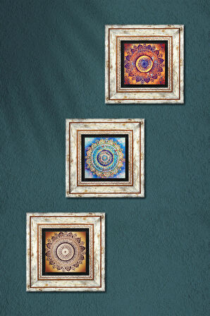 Mandala Taş Duvar Tablosu Çerçeveli Duvar Dekoru 3 Parça Tablo Seti Wall Art
