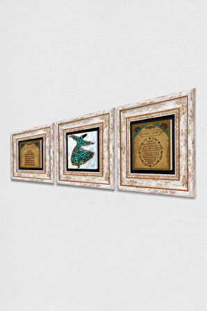 Semazen, Bereket Duası, Ayet-el Kürsi Taş Duvar Tablosu Çerçeveli Duvar Dekoru 3 Parça Tablo Seti Wall Art