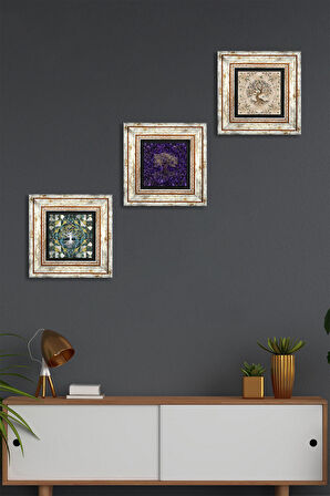 Hayat Ağacı Taş Duvar Tablosu Çerçeveli Duvar Dekoru 3 Parça Tablo Seti Wall Art