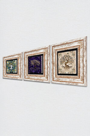 Hayat Ağacı Taş Duvar Tablosu Çerçeveli Duvar Dekoru 3 Parça Tablo Seti Wall Art