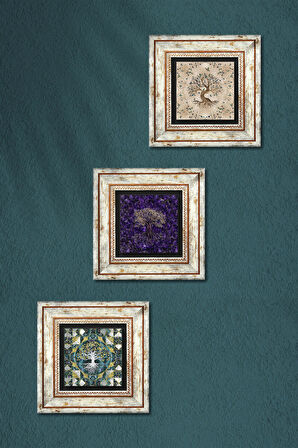 Hayat Ağacı Taş Duvar Tablosu Çerçeveli Duvar Dekoru 3 Parça Tablo Seti Wall Art