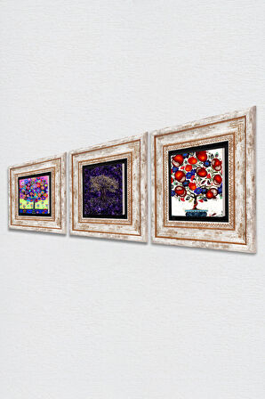 Hayat Ağacı, Nar Ağacı Taş Duvar Tablosu Çerçeveli Duvar Dekoru 3 Parça Tablo Seti Wall Art