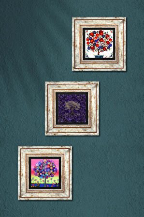 Hayat Ağacı, Nar Ağacı Taş Duvar Tablosu Çerçeveli Duvar Dekoru 3 Parça Tablo Seti Wall Art