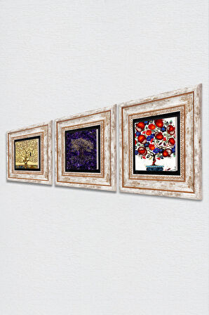 Hayat Ağacı, Nar Ağacı Taş Duvar Tablosu Çerçeveli Duvar Dekoru 3 Parça Tablo Seti Wall Art