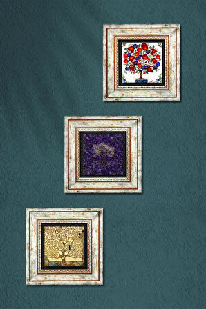 Hayat Ağacı, Nar Ağacı Taş Duvar Tablosu Çerçeveli Duvar Dekoru 3 Parça Tablo Seti Wall Art