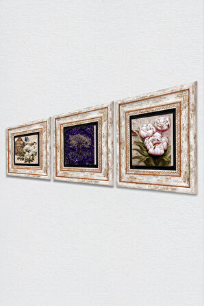 Hayat Ağacı, Kelebekli Çiçek Taş Duvar Tablosu Çerçeveli Duvar Dekoru 3 Parça Tablo Seti Wall Art