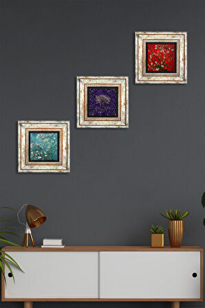 Hayat Ağacı, Van Gogh Badem Ağacı Taş Duvar Tablosu Çerçeveli Duvar Dekoru 3 Parça Tablo Seti Wall Art