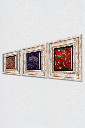 Hayat Ağacı, Desen, Van Gogh Badem Ağacı Taş Duvar Tablosu Çerçeveli Duvar Dekoru 3 Parça Tablo Seti Wall Art