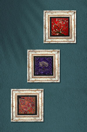 Hayat Ağacı, Desen, Van Gogh Badem Ağacı Taş Duvar Tablosu Çerçeveli Duvar Dekoru 3 Parça Tablo Seti Wall Art