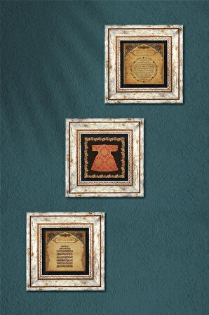 Hırka-i Şerif, Bereket Duası, Ayet-el Kürsi Taş Duvar Tablosu Çerçeveli Duvar Dekoru 3 Parça Tablo Seti Wall Art